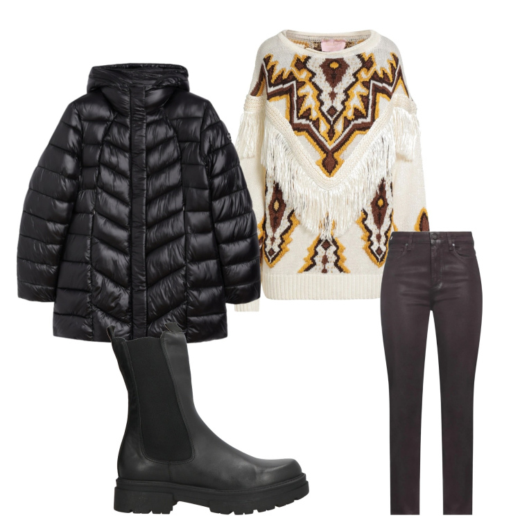 Outfit donna - Nero e colori. Stile Casual per Tutti i giorni. Abbinamento con jeans, stivaletti, pullovers, piumini.