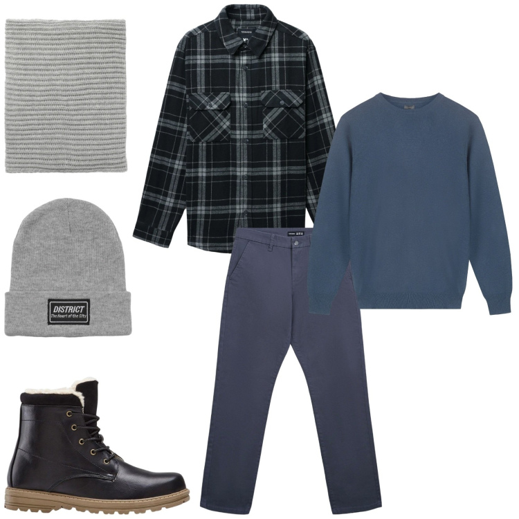 Outfit uomo - Total look #2319493. Stile Urban per Tutti i giorni. Abbinamento con stivali e stivaletti, berretti, cappotti, pantaloni chino, scaldacollo, maglieria.