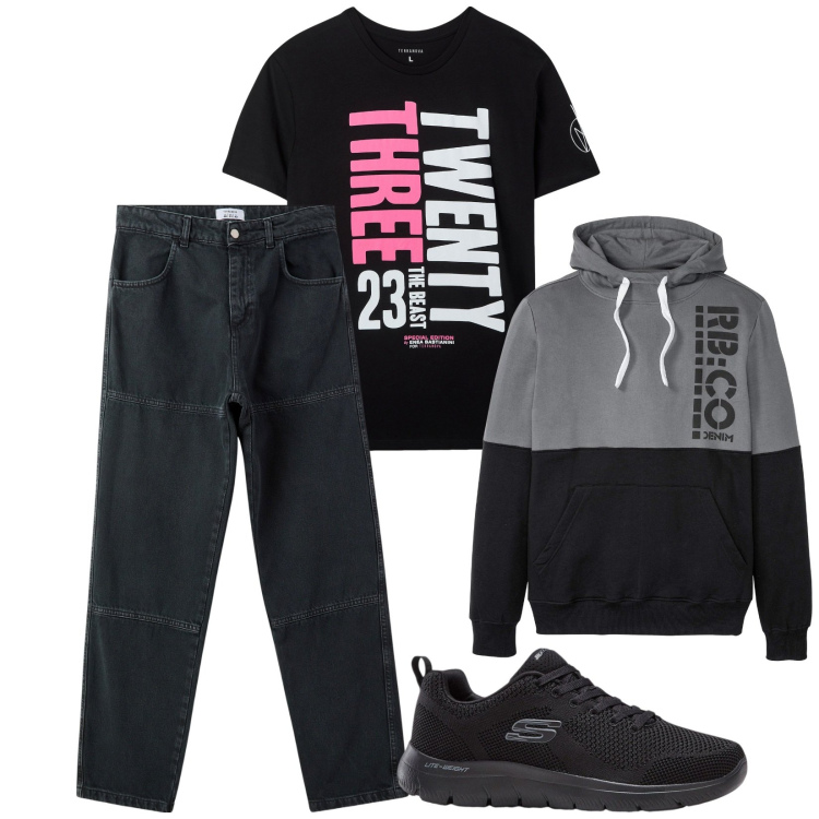 Outfit uomo - Total look #2319495. Stile Urban per Tutti i giorni. Abbinamento con felpe con cappuccio, sneakers, t-shirt, pantaloni.