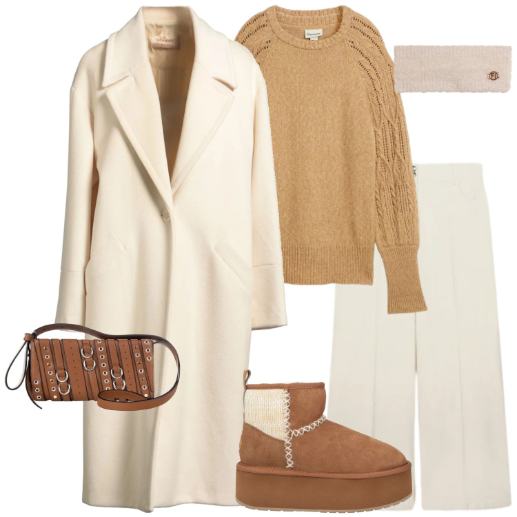 Outfit donna - Minimal cozy mood. Stile Minimal per Tutti i giorni. Abbinamento con maglieria, stivaletti, cappotti, fasce per capelli, borse a spalla, pantaloni chino.