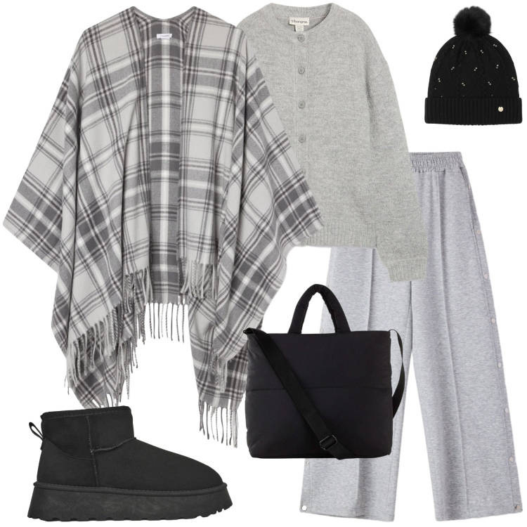 Outfit donna - Minimal cozy mood. Stile Minimal per Tutti i giorni. Abbinamento con cardigans, shopping bag, cappotti, stivaletti, pantaloni, berretti.