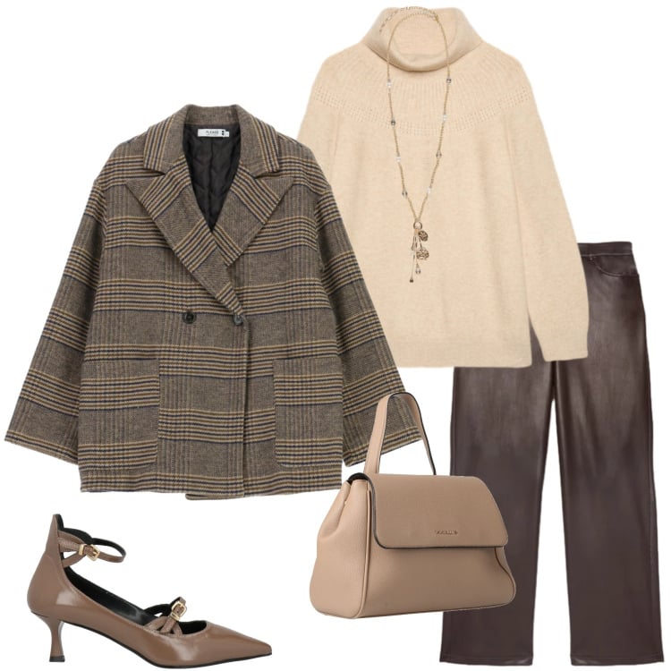 Outfit donna - Minimal cozy mood. Stile Casual chic per Serata fuori. Abbinamento con décolleté, zaini, cappotti, pantaloni chino, maglieria, ciondoli.