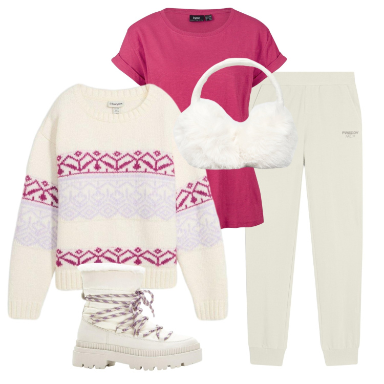 Outfit donna - Apres-ski. Stile Casual per Tutti i giorni. Abbinamento con maglieria, t-shirt, stivali da neve, cappelli, pantaloni.