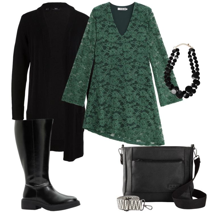 Outfit donna - Emerald Night Elegance. Stile Glamour per Tutti i giorni. Abbinamento con cardigans, borse a tracolla, stivali, vestiti corti, collane.