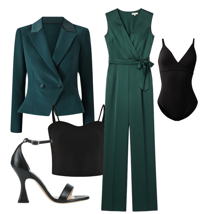 Outfit donna - La tuta intera in satin. Stile Glamour per Serata fuori. Abbinamento con sandali in pelle, tute, blazer, body, top.