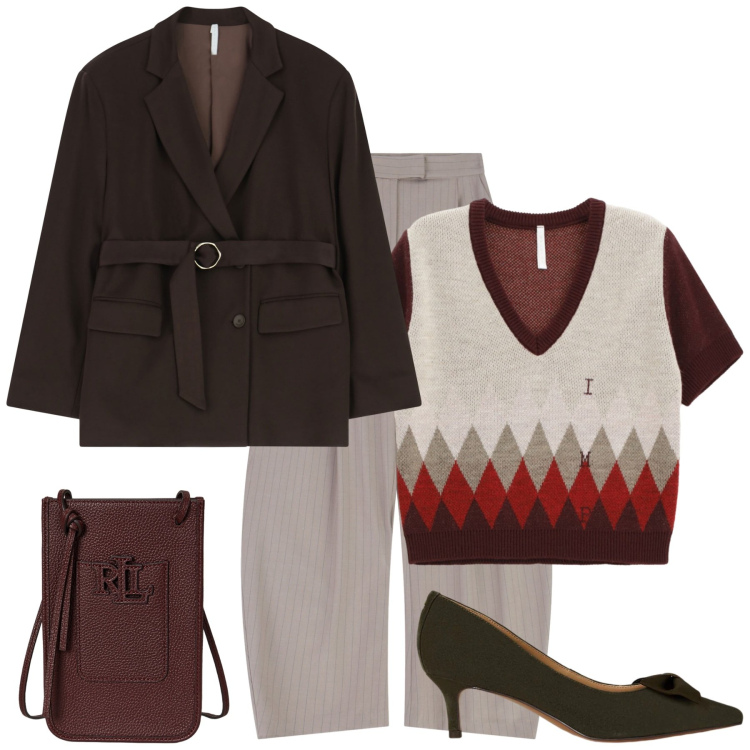 Outfit donna - L\'ufficio by Imperial. Stile Mannish per Ufficio. Abbinamento con pantaloni a palazzo, blazer, maglieria, borse a tracolla, décolleté.