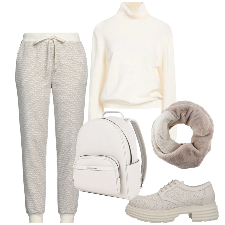 Outfit donna - Less Is more. Stile Casual chic per Tutti i giorni. Abbinamento con pantaloni, sciarpe, maglieria, zaini, scarpe stringate.