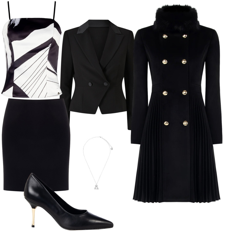 Outfit donna - Cerimonia Invernale. Stile Bon Ton per Cerimonia. Abbinamento con ciondoli, minigonne, blazer, canottiere, décolleté, cappotti.