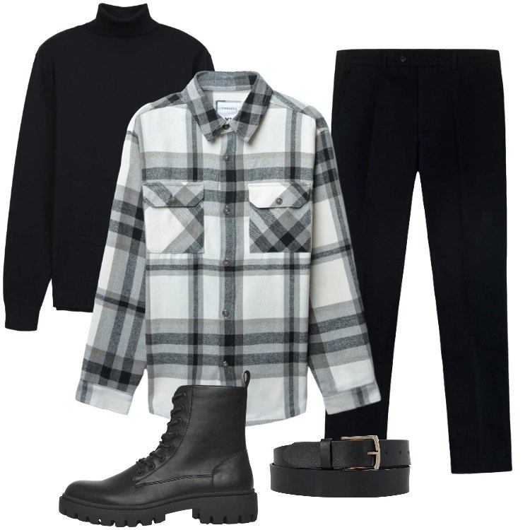 Outfit uomo - Total look #2319523. Stile Trendy per Tutti i giorni. Abbinamento con anfibi, maglieria, cappotti, cinture, pantaloni.