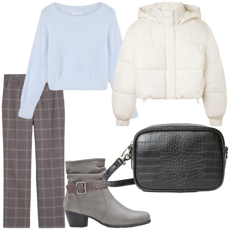 Outfit donna - Look comodo. Stile Casual per Tutti i giorni. Abbinamento con pantaloni chino, stivaletti, maglieria, bomber, borse a tracolla.