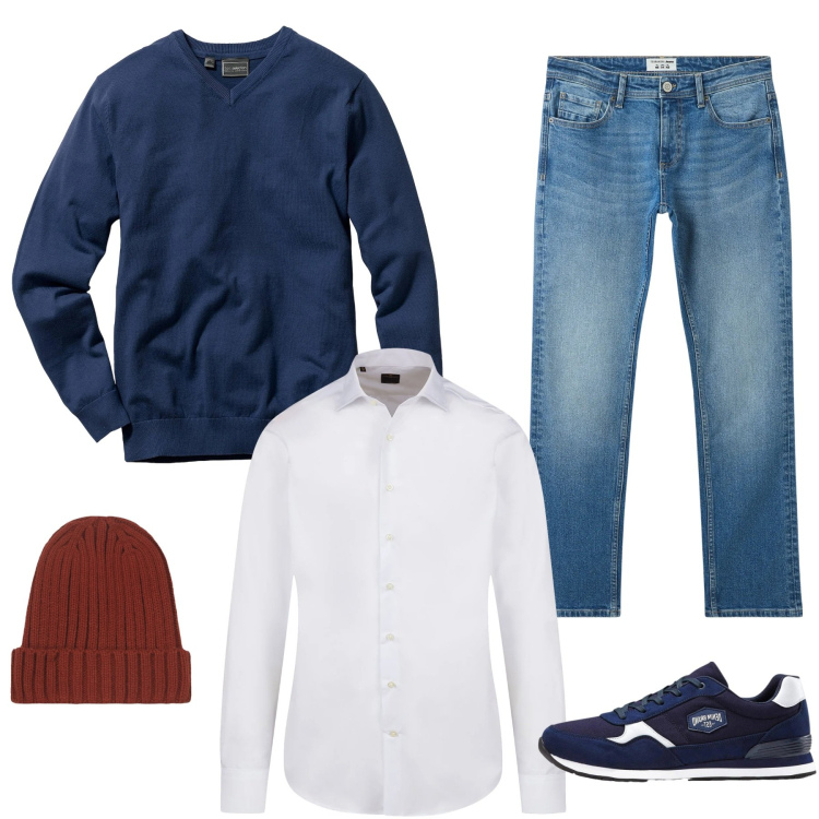 Outfit uomo - Comfort urbano. Stile Casual per Tutti i giorni. Abbinamento con maglieria, sneakers, jeans, camicie, berretti.