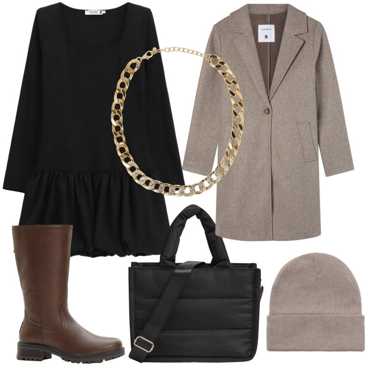 Outfit donna - Total look #2319536. Stile Casual per Tutti i giorni. Abbinamento con vestiti corti, cappotti, shopping bag, collane, berretti, stivali.