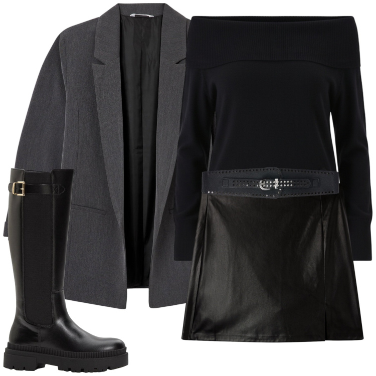 Outfit donna - “Minimal Dark Chic”. Stile Minimal per Serata fuori. Abbinamento con collant, stivali, blazer, minigonne, cinture, pullovers.