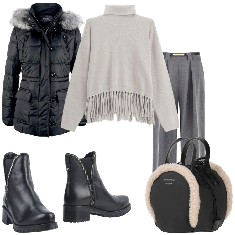 Outfit donna - Il freddo in grigio. Stile Casual per Tutti i giorni. Abbinamento con giacche, zaini, stivaletti, maglieria, pantaloni a palazzo.
