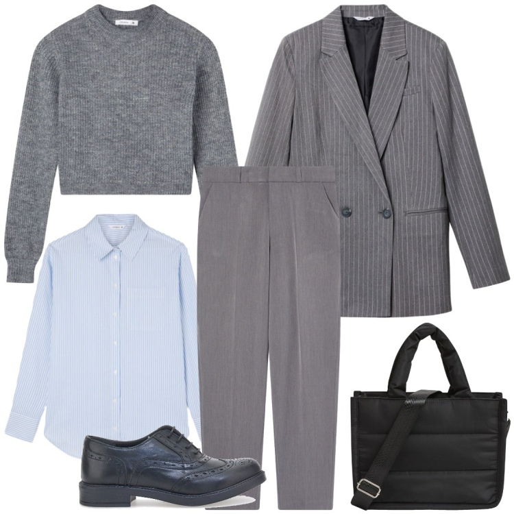 Outfit donna - Blazer gessato. Stile Mannish per Tutti i giorni. Abbinamento con pantaloni chino, camicie, shopping bag, blazer, maglieria, scarpe stringate.