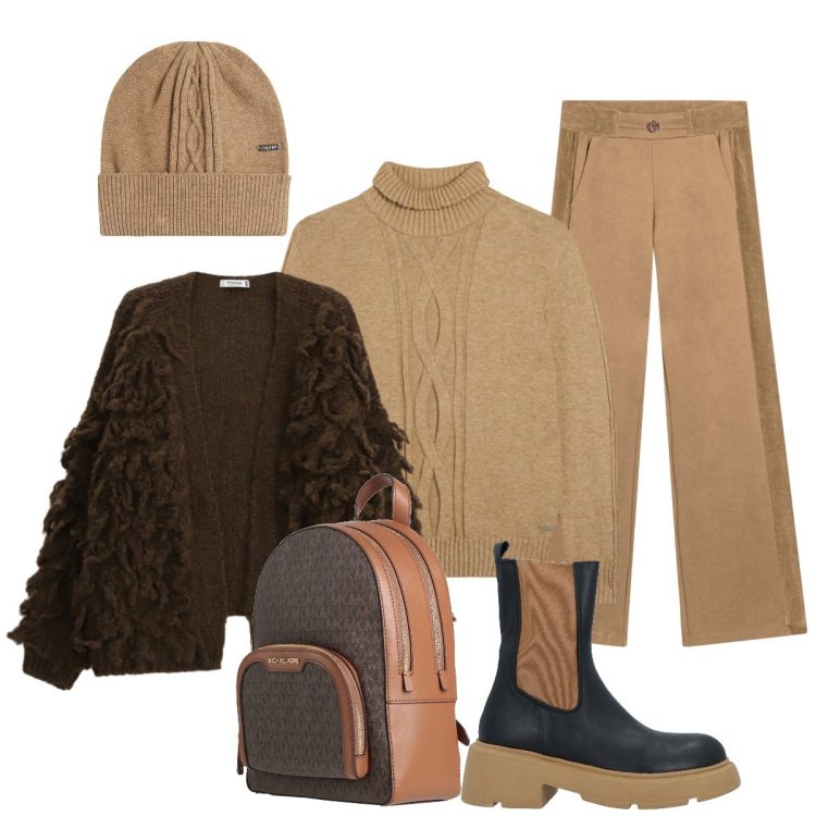 Outfit donna - Total look #2319571. Stile Casual chic per Tutti i giorni. Abbinamento con stivaletti, zaini, cardigans, pantaloni, maglieria, berretti.