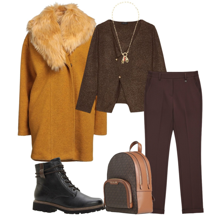 Outfit donna - Total look #2319578. Stile Casual chic per Tutti i giorni. Abbinamento con stivaletti, cappotti, zaini, ciondoli, pantaloni, cardigans.