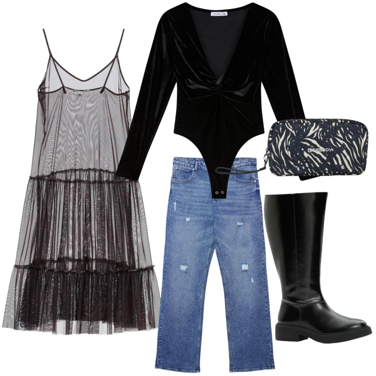 Outfit donna - Soluzione originale. Stile Minimal per Serata fuori. Abbinamento con stivali, jeans strappati, body, vestiti lunghi, valigie.