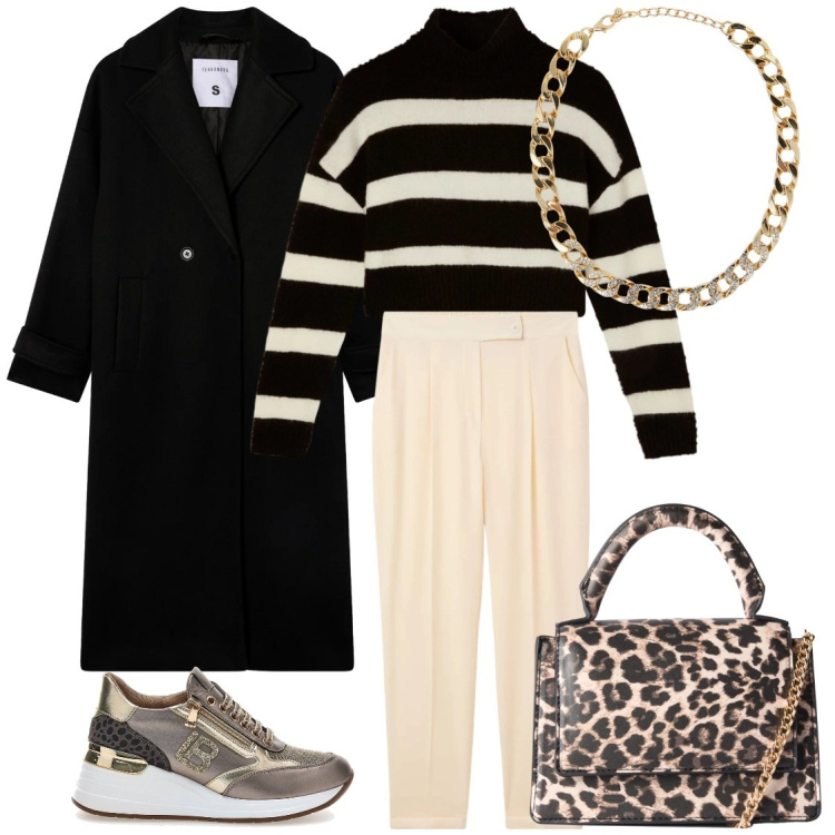 Outfit donna - Il cappotto nero. Stile Casual chic per Tutti i giorni. Abbinamento con maglieria, cappotti, collane, borse a tracolla, pantaloni chino, sneakers alte.