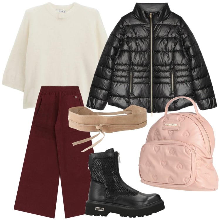 Outfit donna - Il piumino confortevole. Stile Glamour per Scuola/Università. Abbinamento con cinture, stivaletti, zaini, pantaloni a palazzo, pullovers, piumini.