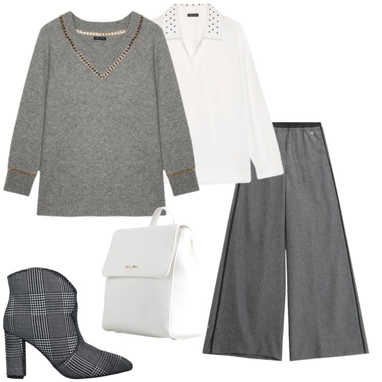 Outfit donna - Total look #2319593. Stile Minimal per Ufficio. Abbinamento con stivaletti, zaini, pantaloni, maglieria, camicie.