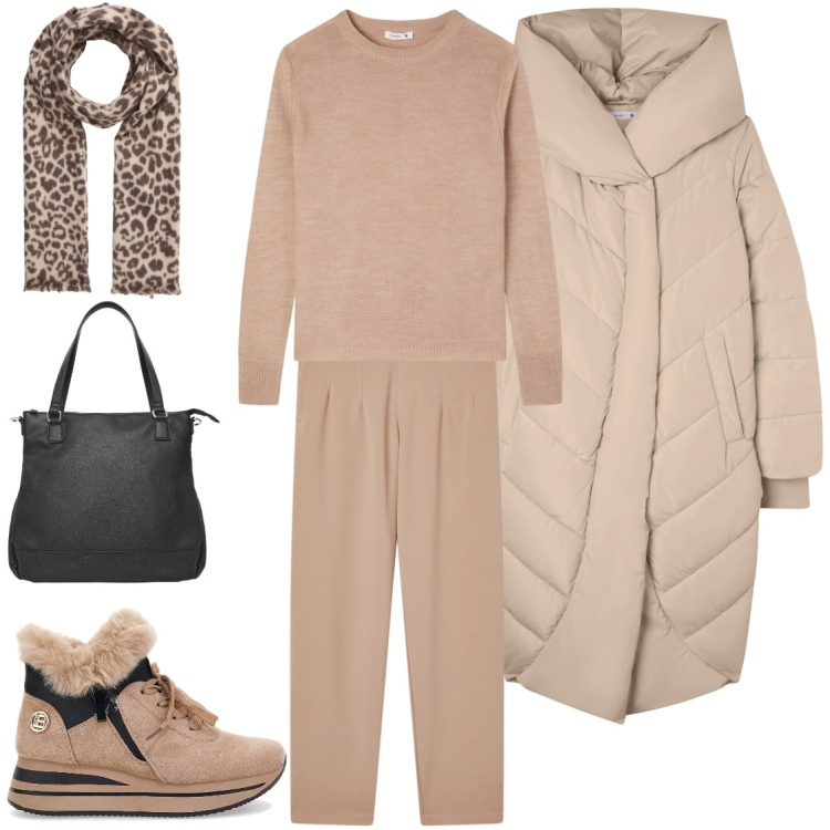 Outfit donna - Giornate fredde. Stile Casual chic per Tutti i giorni. Abbinamento con pantaloni chino, cappotti, maglieria, shopping bag, sciarpe, stivali da neve.