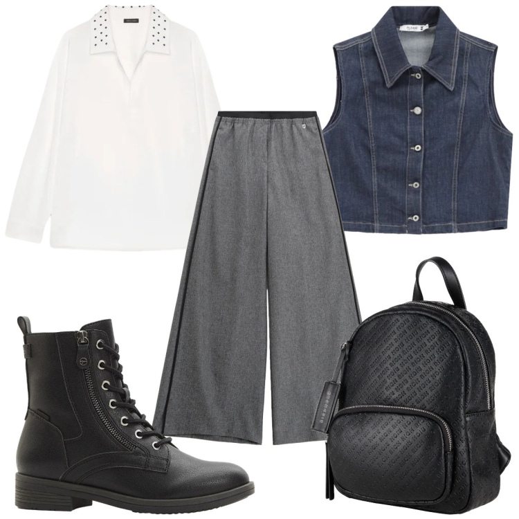 Outfit donna - Total look #2319599. Stile Casual per Tutti i giorni. Abbinamento con stivaletti, zaini, pantaloni, gilet, camicie.