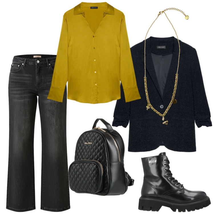 Outfit donna - Total look #2319601. Stile Casual chic per Ufficio. Abbinamento con anfibi, zaini, ciondoli, jeans, camicie, blazer.