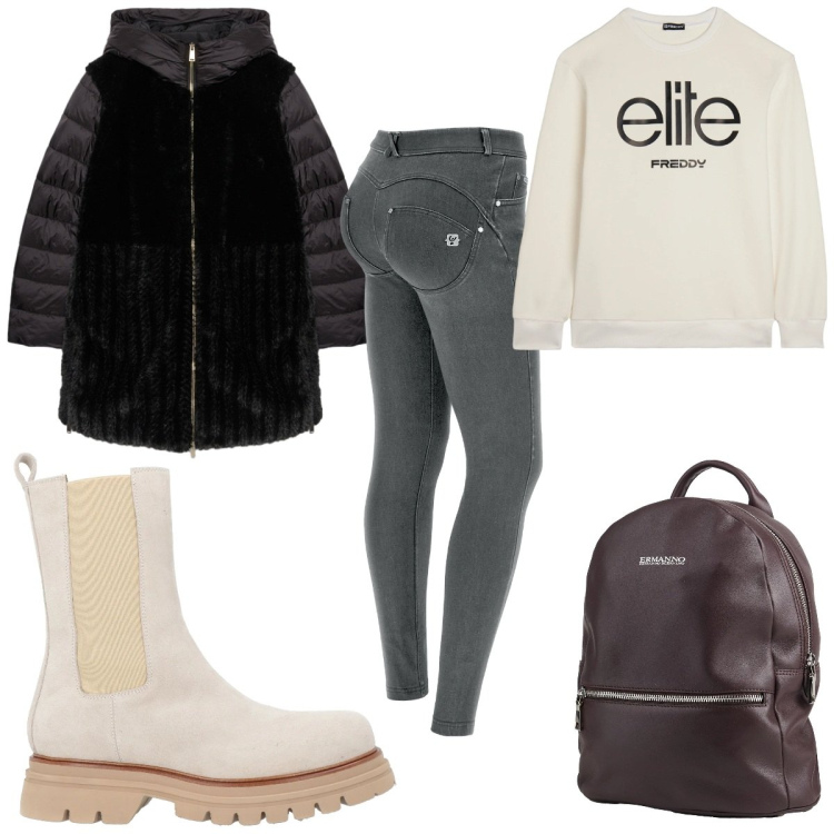 Outfit donna - Total look #2319602. Stile Basic per Tutti i giorni. Abbinamento con stivaletti, zaini, jeans skinny, felpe, piumini.