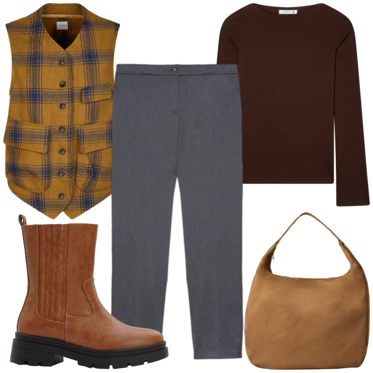 Outfit donna - Total look #2319604. Stile Basic per Tutti i giorni. Abbinamento con stivaletti chelsea, borse a mano, t-shirt, pantaloni chino, gilet.