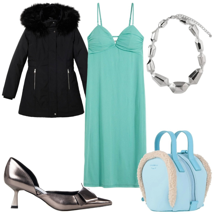 Outfit donna - Total look #2319609. Stile Glamour per Cerimonia. Abbinamento con vestiti lunghi, zaini, parka, décolleté, ciondoli.