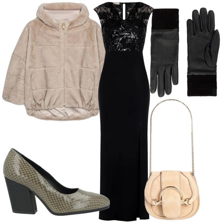Outfit donna - Total look #2319610. Stile Chic per Cerimonia. Abbinamento con marsupi, guanti, décolleté, vestiti, ecopellicce.
