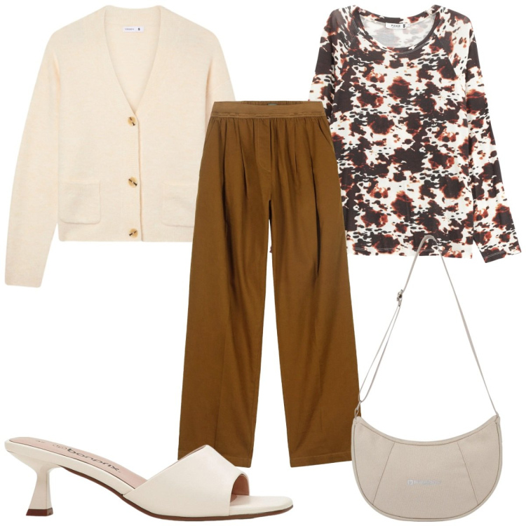 Outfit donna - Total look #2319611. Stile Trendy per Tutti i giorni. Abbinamento con ciabatte, cardigans, maglieria, borse a spalla, pantaloni.