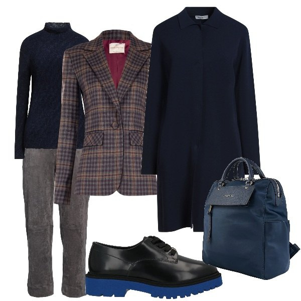 Outfit donna - col cappello. Stile Casual chic per Ufficio. Abbinamento con zaini, scarpe stringate, pantaloni, maglieria, cappotti, blazer.