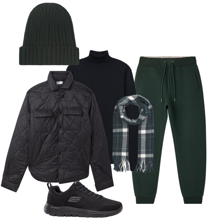 Outfit uomo - Verde profondo. Stile Casual per Tutti i giorni. Abbinamento con sneakers, maglieria, sciarpe, pantaloni, giacche, berretti.