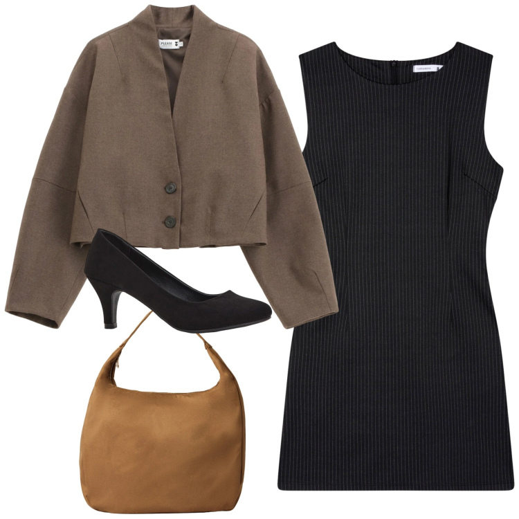 Outfit donna - Il tubino avvitato. Stile Chic per Ufficio. Abbinamento con décolleté, borse a mano, vestiti senza maniche, blazer.
