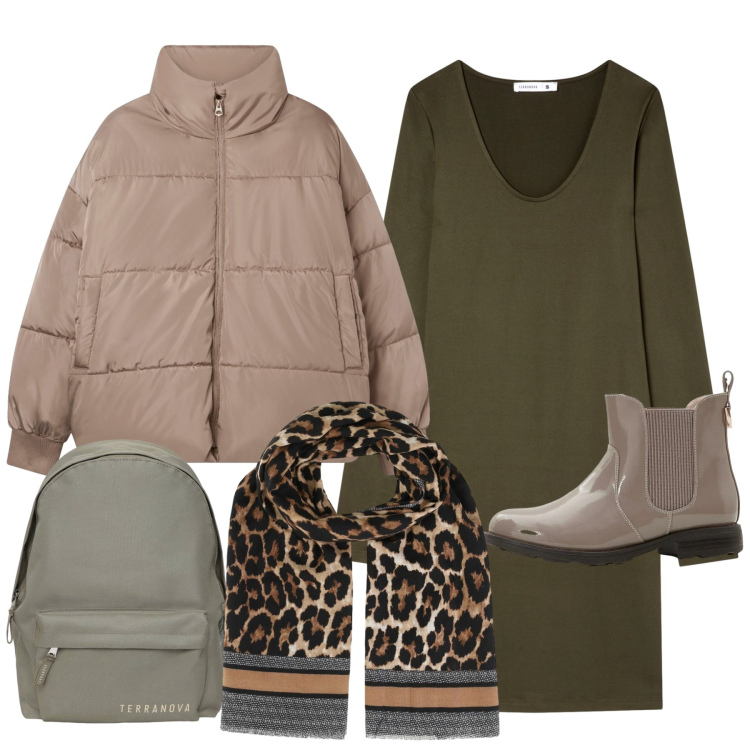 Outfit donna - Total look. Stile Bon Ton per Tutti i giorni. Abbinamento con stivaletti chelsea, vestiti, zaini, bomber, foulard.