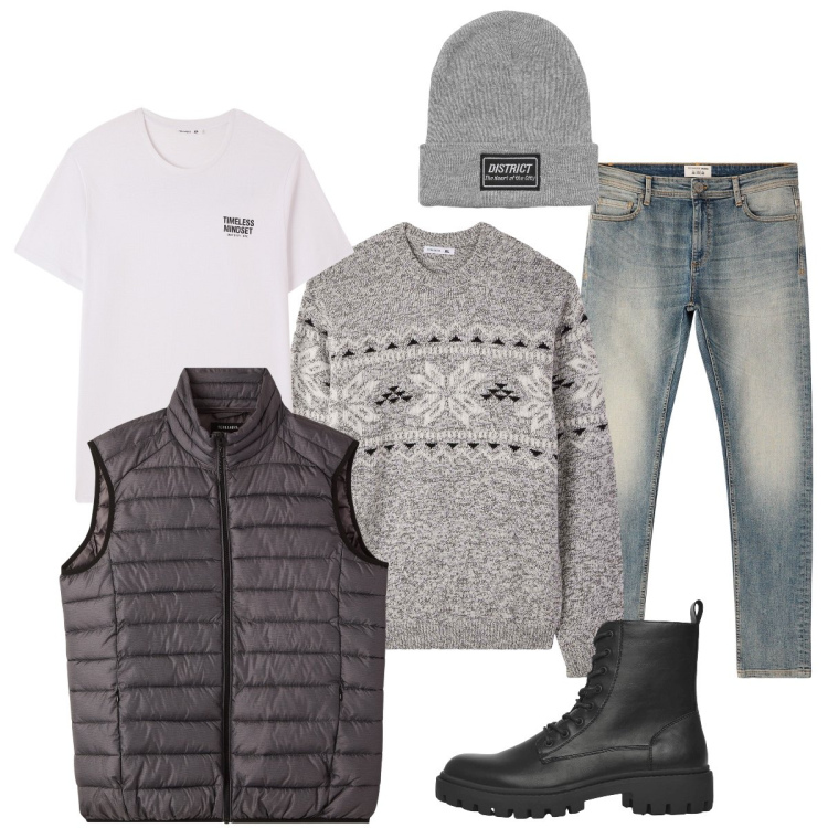 Outfit uomo - Minimal layering. Stile Urban per Tutti i giorni. Abbinamento con anfibi, jeans skinny, berretti, piumini, maglieria, t-shirt.