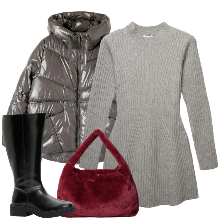 Outfit donna - Total grey. Stile Bon Ton per Tutti i giorni. Abbinamento con stivali, bomber, vestiti corti, borse a spalla.
