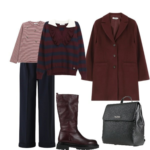 Outfit donna - righe blu. Stile Casual per Tutti i giorni. Abbinamento con stivali, zaini, cappotti, pullovers, t-shirt, pantaloni.