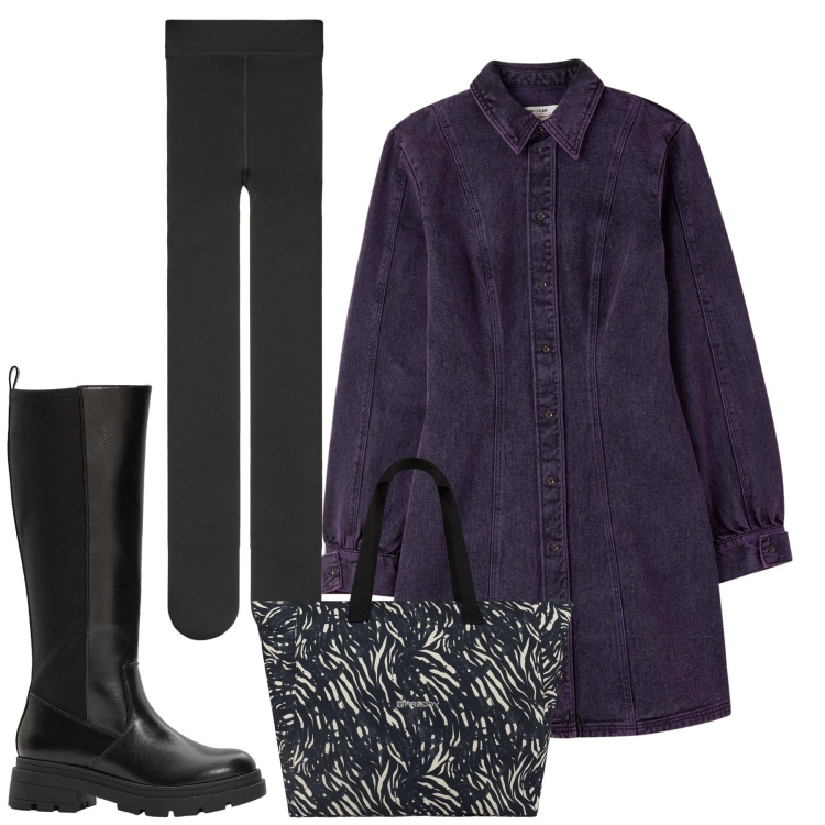 Outfit donna - Prugna. Stile Bon Ton per Ufficio. Abbinamento con stivali, vestiti chemisier, collant, shopping bag.