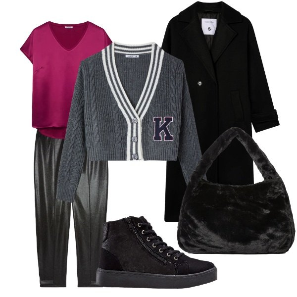 Outfit donna - comoda a lavoro. Stile Casual chic per Tutti i giorni. Abbinamento con sneakers alte, cappotti, cardigans, bluse, pantaloni, borse a spalla.