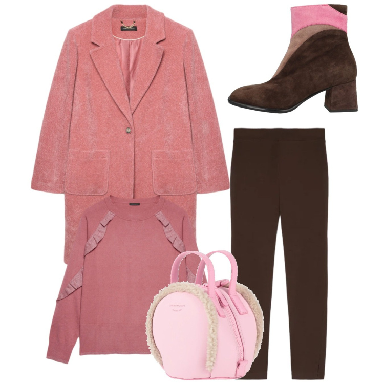 Outfit donna - Total look in rosa. Stile Bon Ton per Tutti i giorni. Abbinamento con stivaletti, zaini, maglieria, leggings, cappotti.