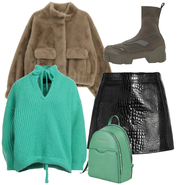 Outfit donna - Stivaletti techno. Stile Chic per Tutti i giorni. Abbinamento con minigonne, maglieria, stivaletti, zaini, blazer.