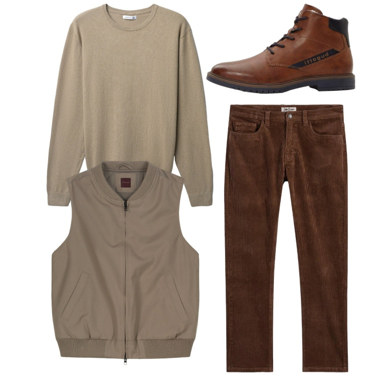 Outfit uomo - Total look. Stile Casual per Tutti i giorni. Abbinamento con pantaloni, anfibi, maglieria, piumini.