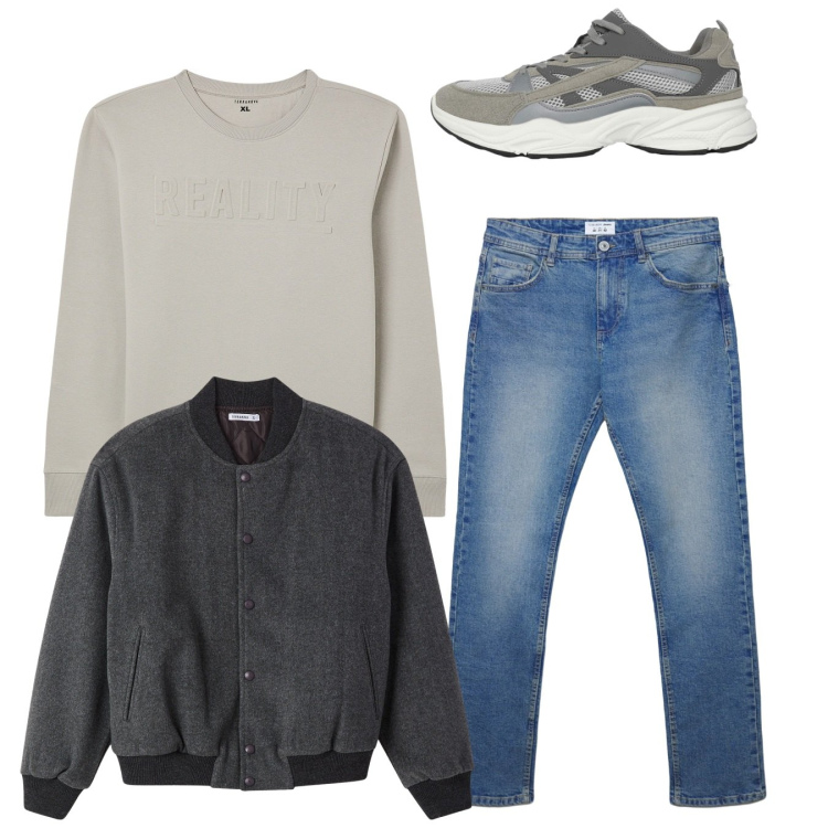 Outfit uomo - Total look. Stile Casual per Tutti i giorni. Abbinamento con felpe, sneakers, jeans dritti, bomber.