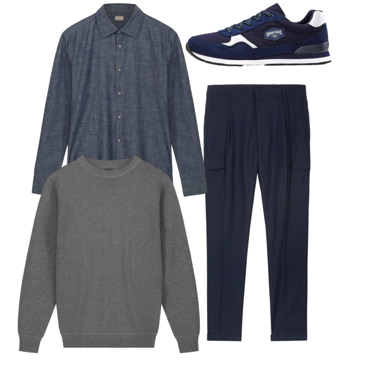 Outfit uomo - Total look. Stile Casual per Tutti i giorni. Abbinamento con sneakers, pantaloni cargo, maglieria, camicie.