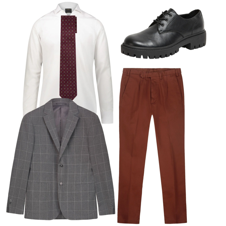 Outfit uomo - In cravatta. Stile Business/Elegante per Ufficio. Abbinamento con scarpe stringate, giacche, camicie, cravatte, pantaloni.