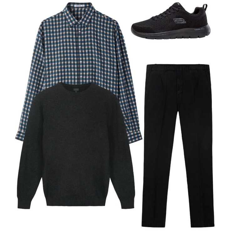 Outfit uomo - Total look. Stile Casual per Tutti i giorni. Abbinamento con sneakers, camicie, pantaloni, maglieria.