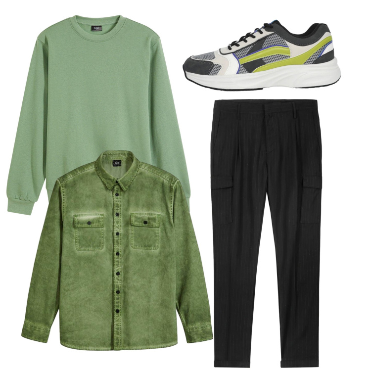 Outfit uomo - Total look. Stile Casual per Tutti i giorni. Abbinamento con felpe, camicie, sneakers, pantaloni cargo.